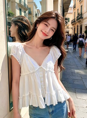 南油品质法式甜美V领蕾丝荷叶边修身露背休闲宽松纯棉短袖衬衫