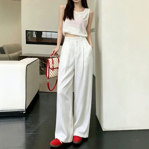 南油原创法式肌理感亚麻直筒裤女2026夏高腰垂感通勤百搭拖地长裤