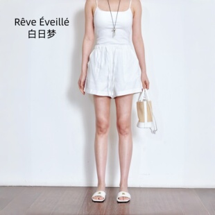 女高腰抽绳慵懒休闲透气A字阔腿裤 南油品质2026法式 白色亚麻短裤