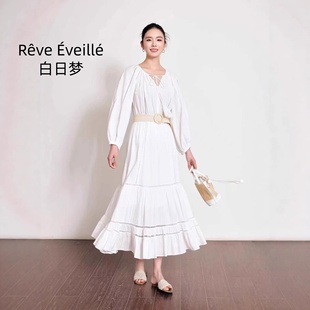 南油品质2026春女装法式白色镂空连衣裙女长袖收腰度假风大摆长裙