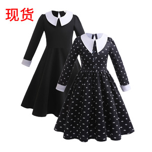亚当斯一家cosplay服装万圣节星期三黑色连衣裙女童印花裙长袖款