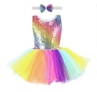 六一女童舞台装 彩虹公主裙超洋气礼服裙网纱亮片独角兽儿童演出服
