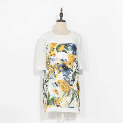 2025夏季新款桑蚕丝烂花绡真丝上衣女印花圆领衬衫宽松大码妈妈装