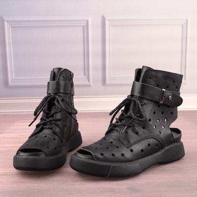 镂空牛皮低跟夏季短筒时装靴凉靴