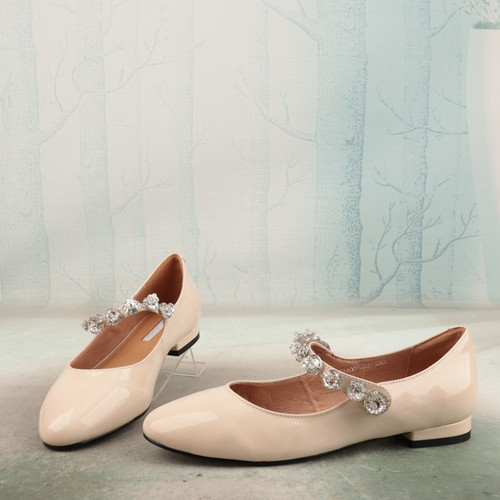 牛漆皮拼色串珠低跟甜美玛丽珍鞋