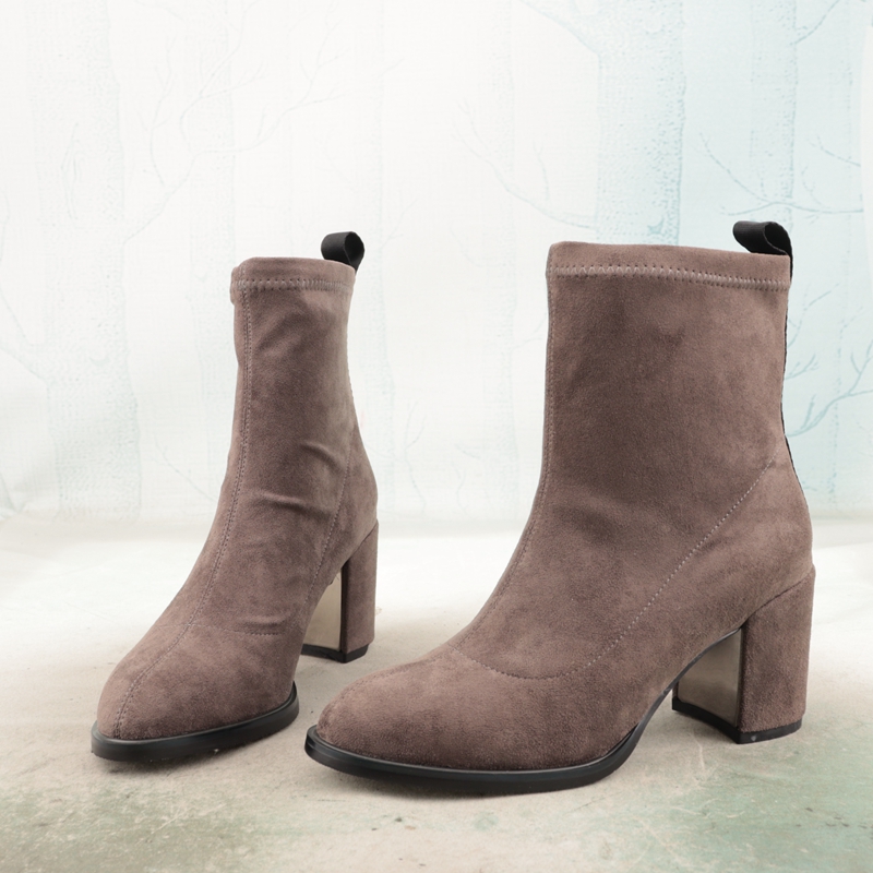 绒面圆头高跟猪皮真皮垫性感女鞋子女靴子短筒瘦瘦靴弹力靴X122-2