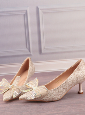 水钻蝴蝶结尖头猫跟女鞋子气质时尚一脚蹬高跟鞋浅口单鞋T76-1