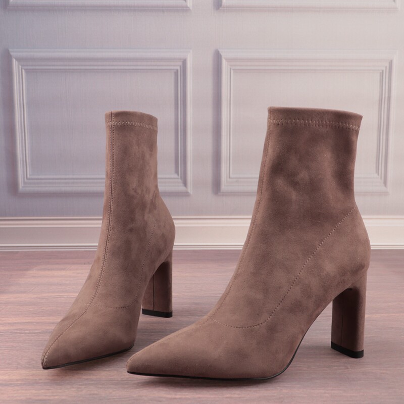 弹力布尖头超高跟女鞋子猪皮真皮垫女靴短筒瘦瘦靴袜靴子D08-3