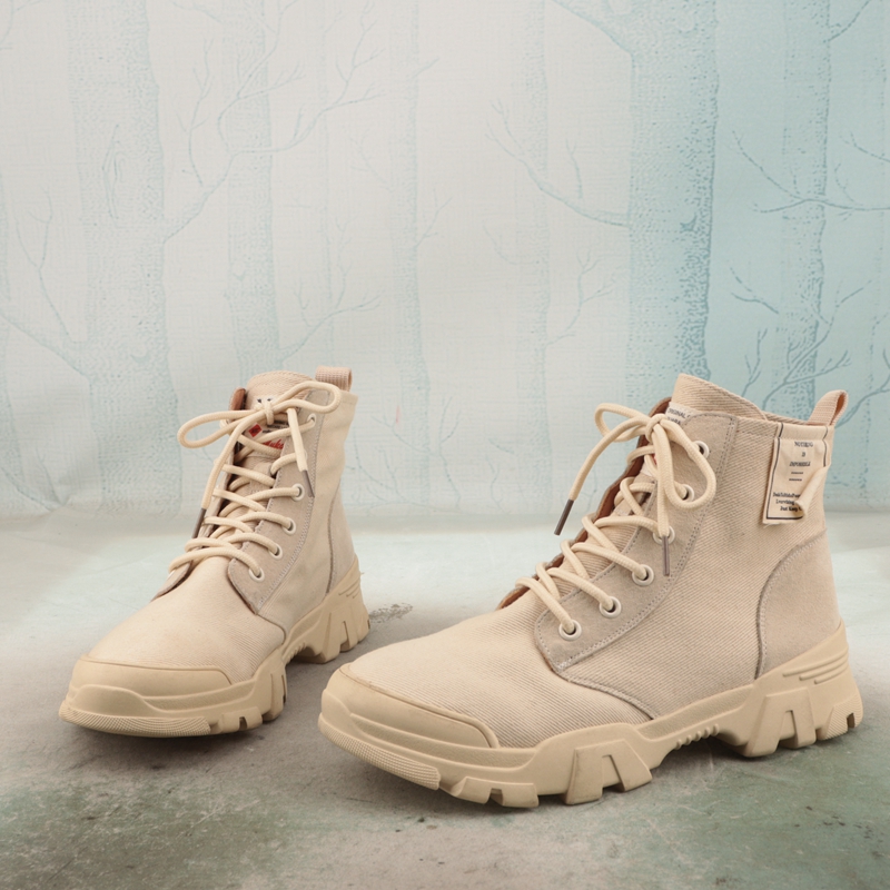 织物拼猪皮革中跟休闲短筒马丁靴