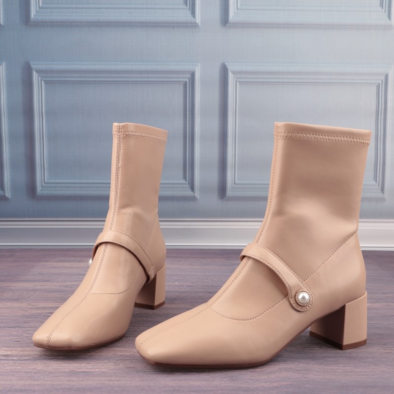 铆钉拼色方头中跟女鞋子优雅女靴猪皮真皮垫短筒袜靴瘦瘦靴N58-2