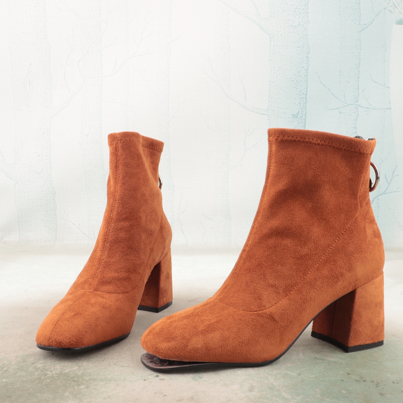 猪皮真皮垫方头高跟绒布拼色拉链女鞋子女靴子短筒时装靴P61-3