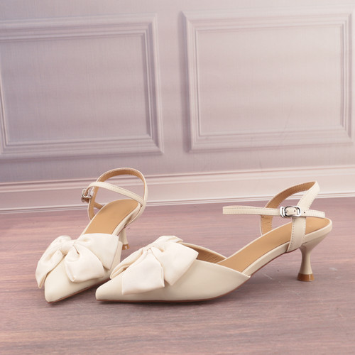 名媛风牛皮真皮蝴蝶结一字带凉鞋