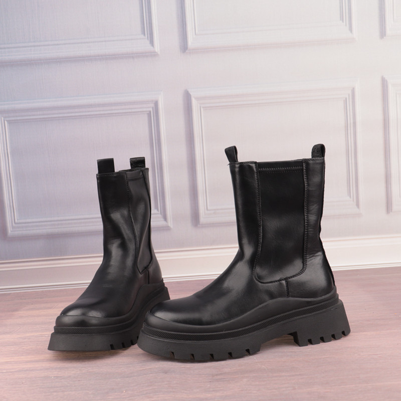黑色圆头厚底真皮垫女鞋子套筒休闲百搭女靴短筒切尔西靴子X108-3