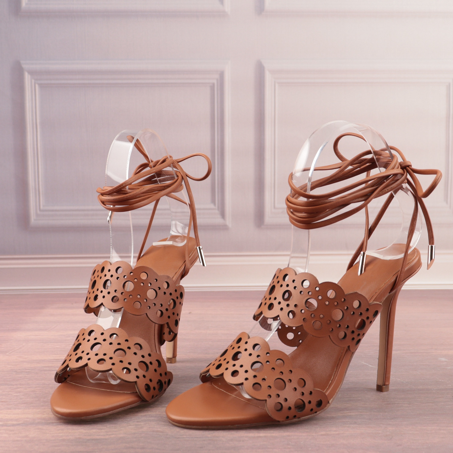 镂空雕花牛皮面羊皮里真皮超高跟绑带女鞋子露趾时装凉鞋D146-2