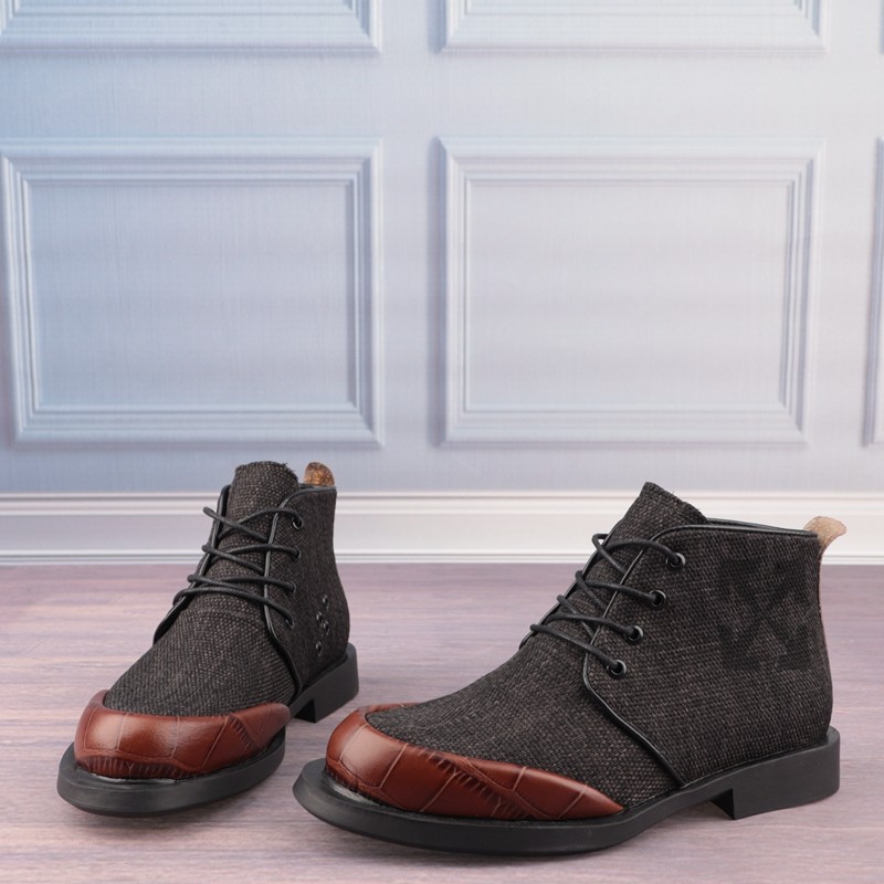 帆布拼接牛皮面羊皮垫真皮低跟女鞋子女靴子短筒马丁靴子T10-3