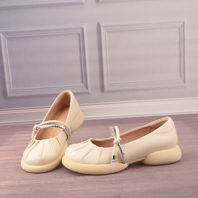 真皮水钻褶皱优雅女士玛丽珍鞋