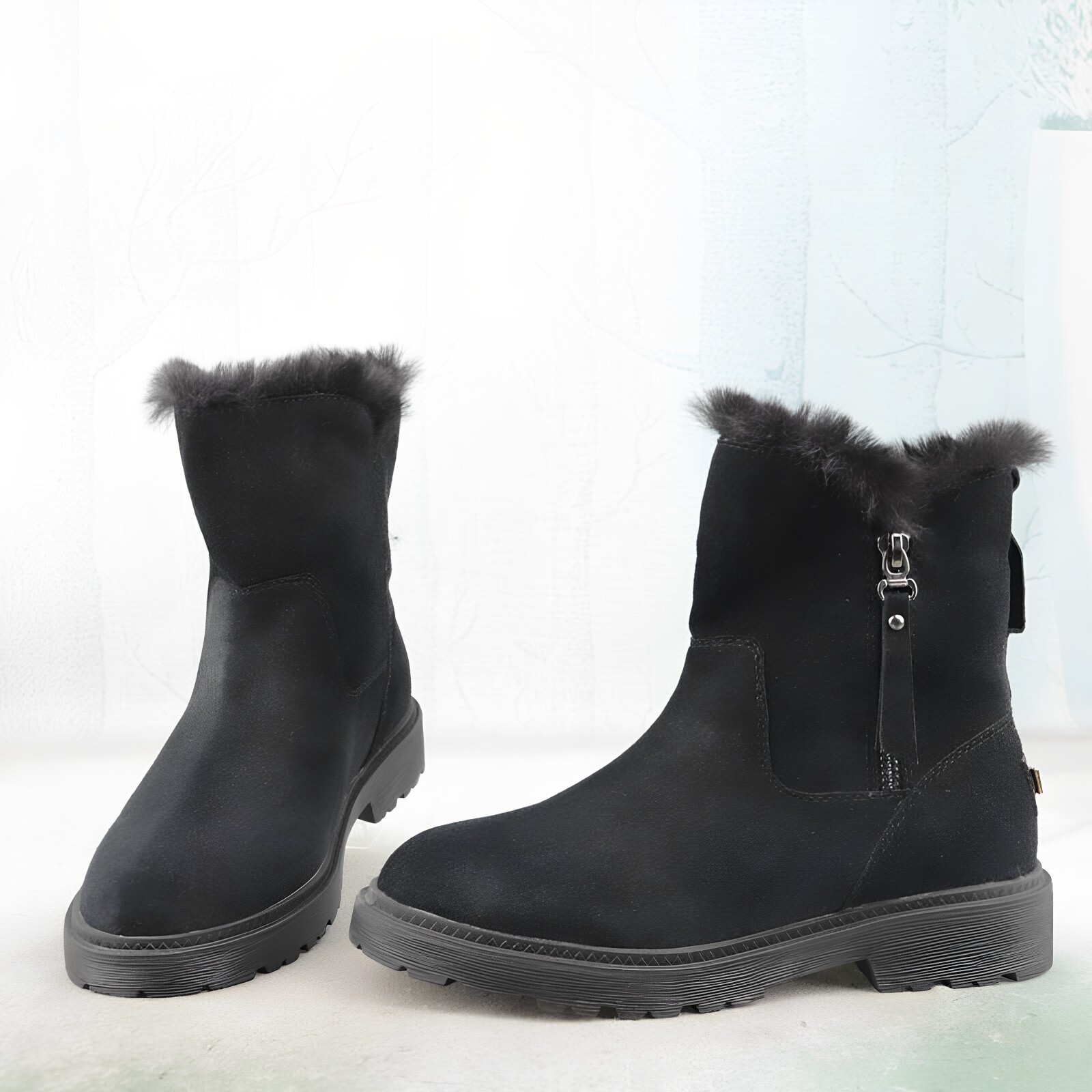 牛绒皮粗跟加厚绒里中靴雪地靴女