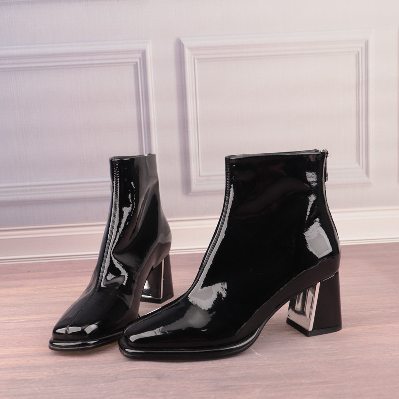 36码后拉链方头高跟牛皮面羊皮垫真皮女鞋女靴短筒时装靴子T89-2