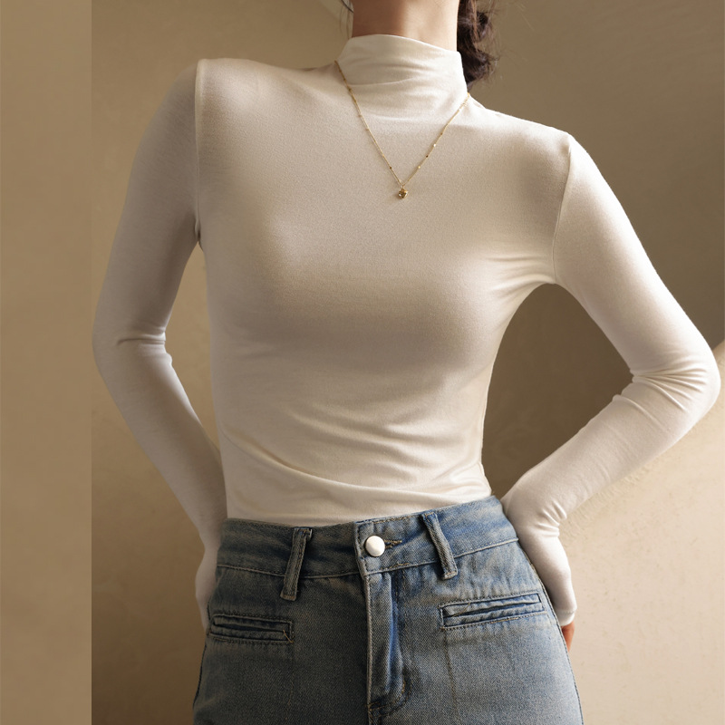 基础款百搭简约莫代尔半高领长袖打底衫女内搭显瘦t恤可外穿上衣
