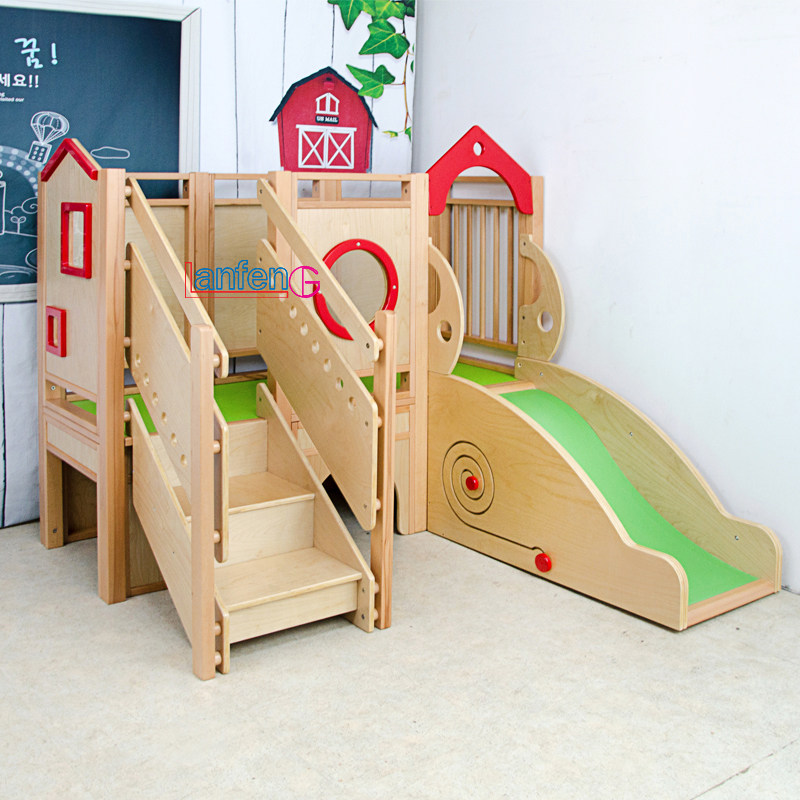蓝丰幼儿童木制感统训练攀爬滑梯 木制游戏屋 区角滑梯 游戏阁楼