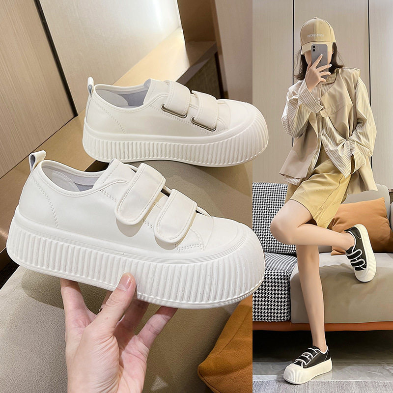 小白鞋女2025秋季新款丑萌大头真皮厚底圆头百搭魔术贴休闲饼干鞋