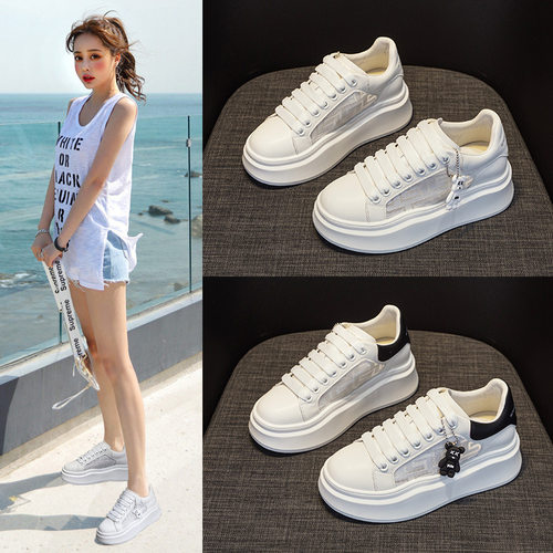 网面透气休闲鞋女2026年夏季薄款厚底增高小白鞋卡通吊坠真皮单鞋