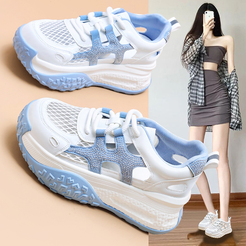 真皮水钻凉鞋女2025夏季新款女式休闲时尚增高休闲厚底韩版潮鞋