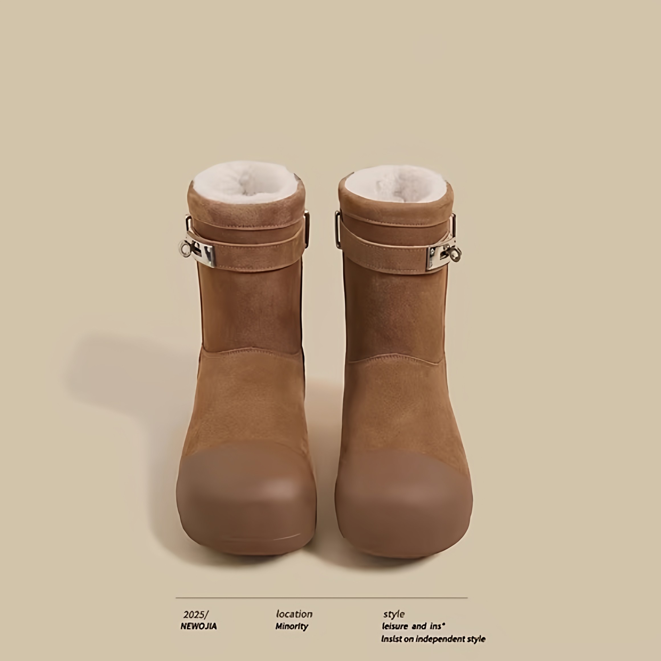 2025冬季新款厚底雪地靴女复古拼接金属扣加绒东北棉鞋加厚毛毛鞋,女鞋,时尚雪地靴,淘宝优惠券,粉丝福利购,淘宝优惠卷