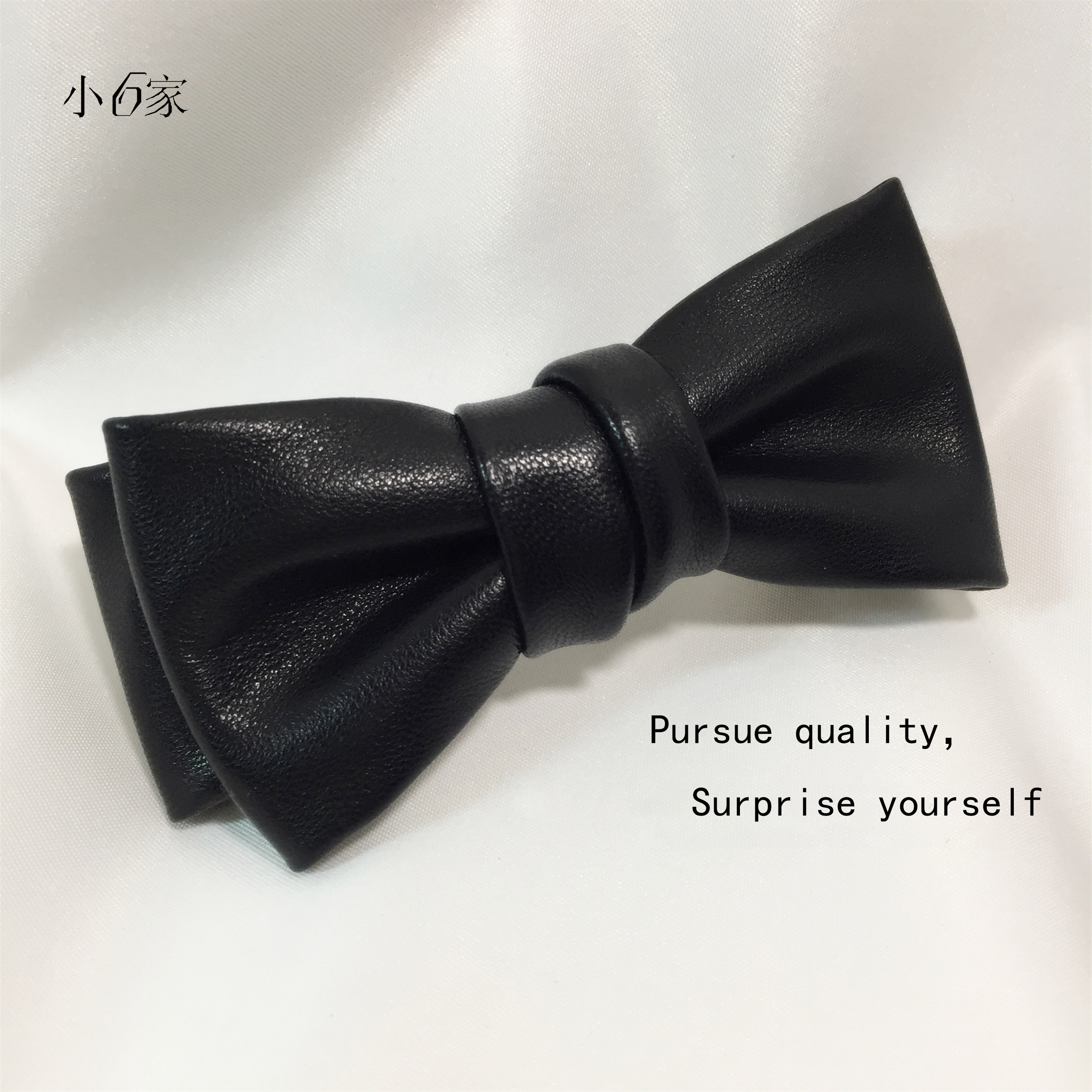 小6家手工 黑色双层韩款 手工真皮OL风蝴蝶结发夹发饰头饰