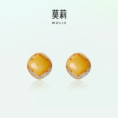 莫莉新中式纯银黄蜜蜡耳钉