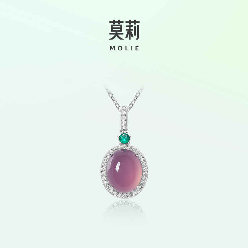 莫莉新中式紫色玛瑙玉髓925银项链女国风玉石宝石吊坠配饰锁骨链