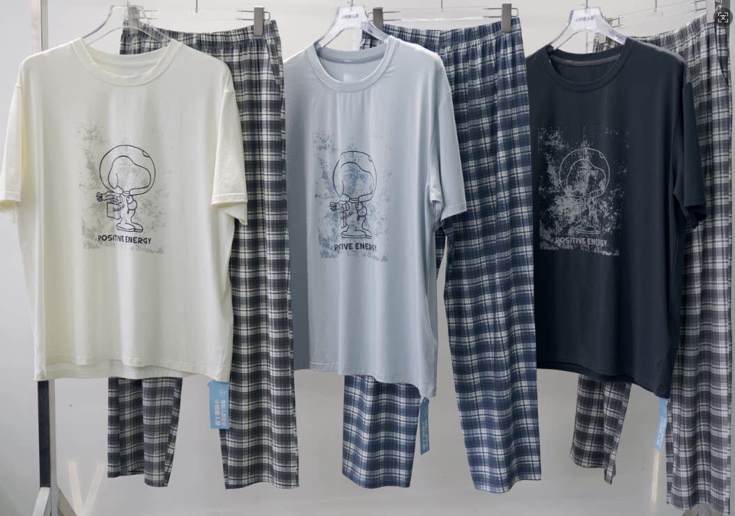 26小熊爱家懒人装冰莫代尔棉86127短袖格子长裤男款家居服睡衣