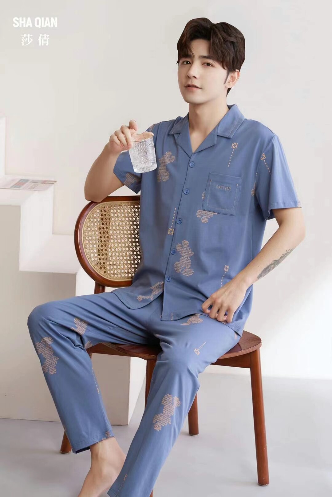 莎倩男士夏季新款半袖长裤短裤三件套家居服睡衣套装