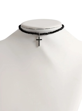 Simple Black Beads Necklace with Cross Pendant Female Jewel