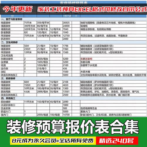 家装工装装修预算报价表半包全包