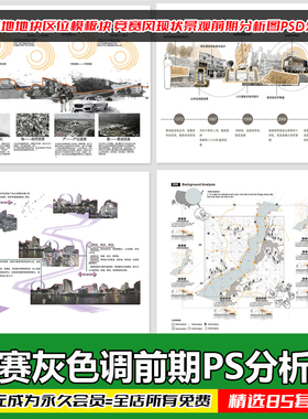 灰色调场地地块区位模板块 竞赛风现状景观前期分析图PSD分层素材