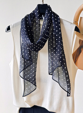 真丝丝巾小长条女百搭春秋薄款波点窄100%桑蚕丝围巾长款纯色纱巾