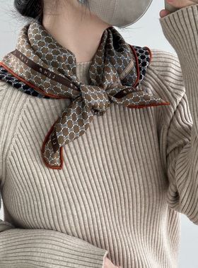 英伦复古咖色系真丝羊绒围巾女高档送礼妈妈丝巾多用方巾头巾领巾