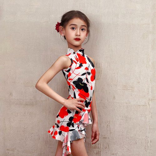 康尼拉丁舞服装女日常舞蹈练功服儿童旗袍款上衣背心无袖表演裙子