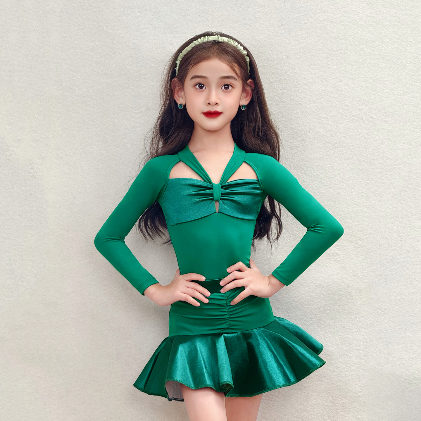 CONNY康尼拉丁舞服女儿童跳舞蹈训练功服长袖半身裙演出表演套装