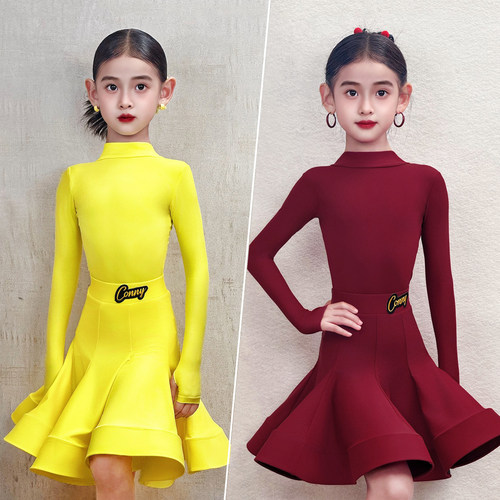 CONNY儿童拉丁舞衣服女规定比赛服小高领长袖鱼骨裙表演出套装