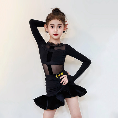 CONNY拉丁舞套装女儿童舞蹈训练功服长袖上衣网纱半身裙表演出服