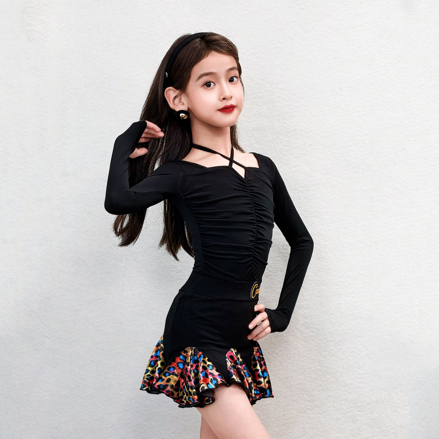 CONNY女童拉丁舞服长袖日常舞蹈训练功服连体上衣半身裙表演套装
