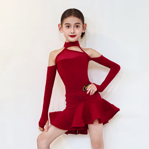 CONNY拉丁舞套装儿童舞蹈练功服女演出表演服长袖上衣半身裙红色