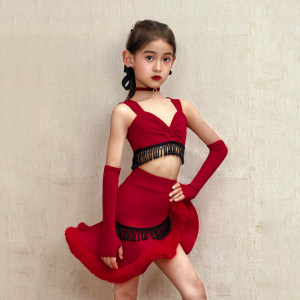 CONNY拉丁舞套装女儿童练功汇演出表演服吊带上衣舞蹈鱼骨裙红色