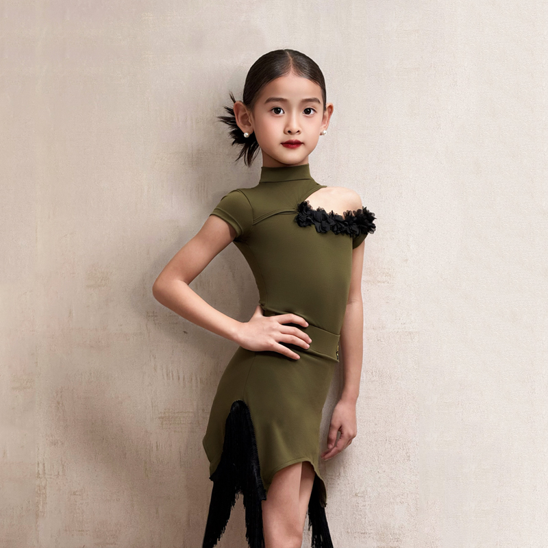 CONNY拉丁舞服装女儿童流苏裙子短袖连体上衣舞蹈练功演出表演服