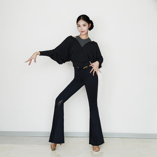 CONNY拉丁舞套装跳舞蹈练功服女长裤网纱微喇叭宽松上衣日常训练