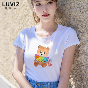 白色短袖t恤女春夏季可爱小熊印花上衣小清新甜辣修身小衫女