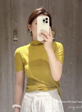 King studios 23春夏 薄款蕾丝花纹褶皱中式温婉短上衣