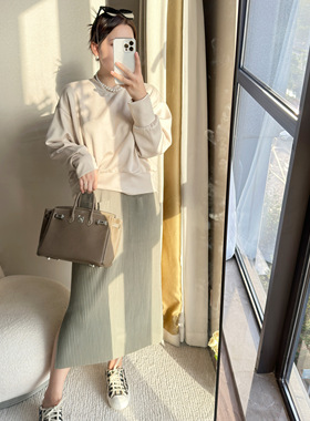 King studios 22秋 通勤纯色口袋竖纹裙 高腰半身中长裙 简约大气